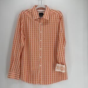 PARC 81 Shirt Large 16.5 Plaid Button Up European Fabric Embroidered Flip Cuff